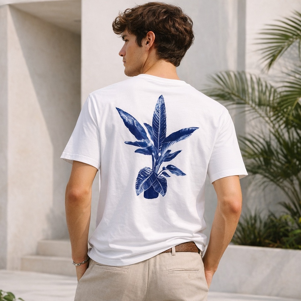 Zara Blue Banana Leaf‎ Botanical Tropical Graphic Print T-Shirt Tee Size S